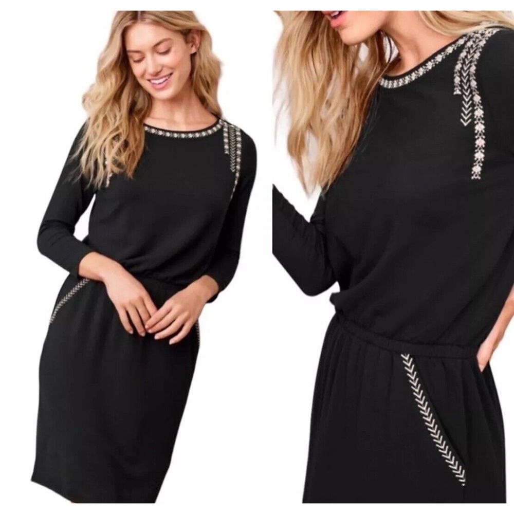 Garnet Hill Embroidered Pocket Knit Dress Black Terry Pullover Size Small